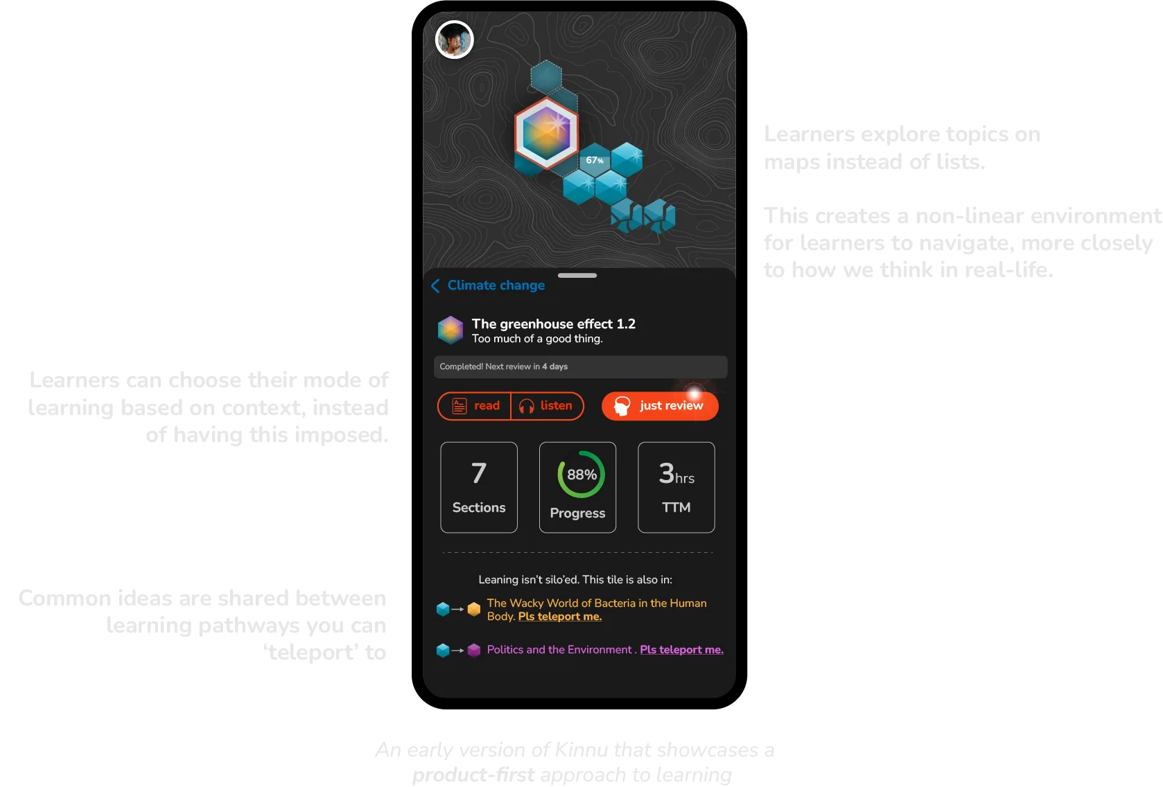 Screenshot of the Kinnu app displaying a 'product-first' approach to learning. It features a hexagonal map for non-linear exploration and a data-driven dashboard designed by the Maia engine to reduce 'Time To Mastery.